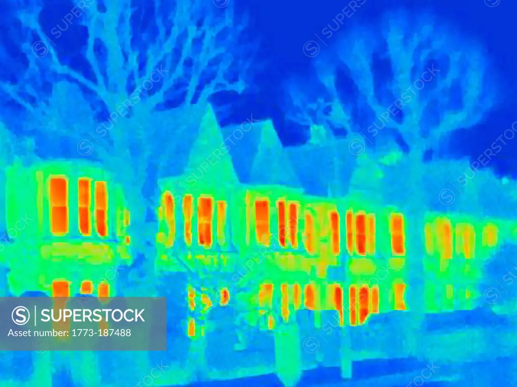 Thermal image of houses on city street