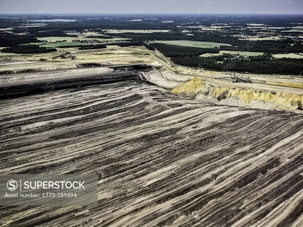 Aerial view of strip coal mining field