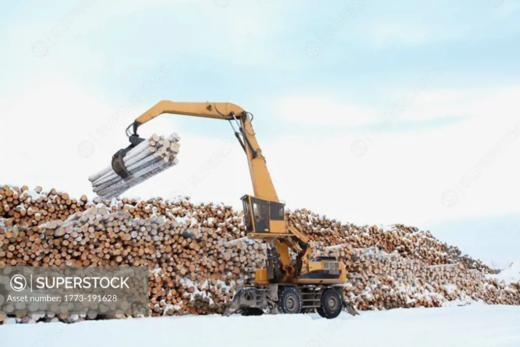 Tractor lifting logs on winter