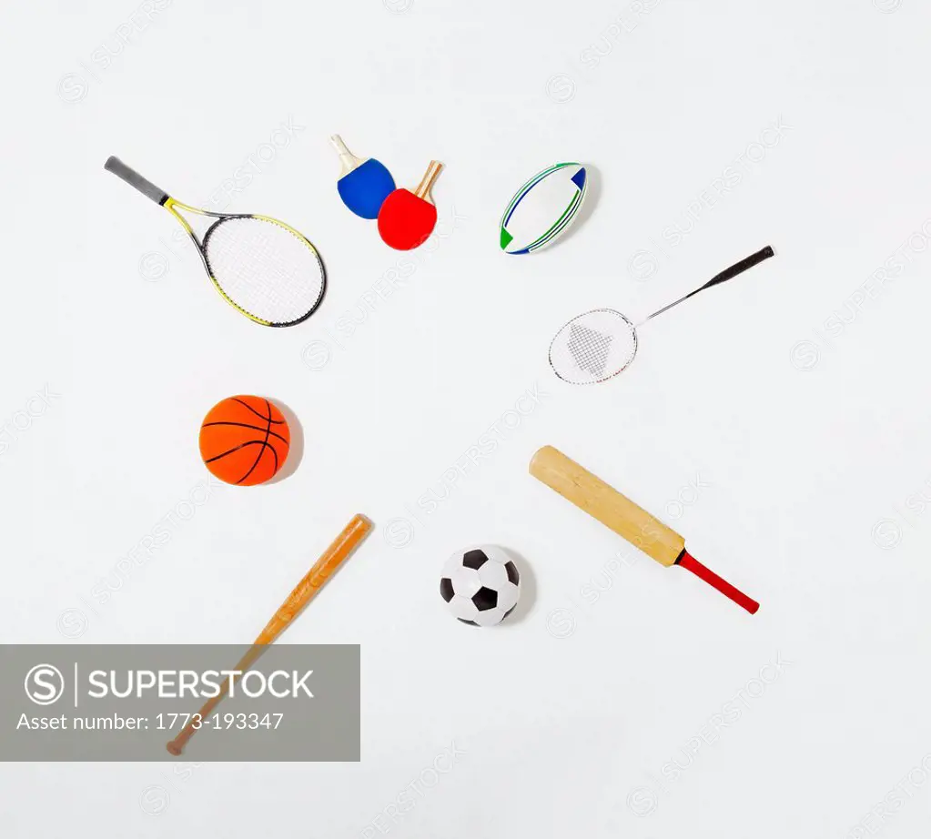 Sports equipment laid out in a circle