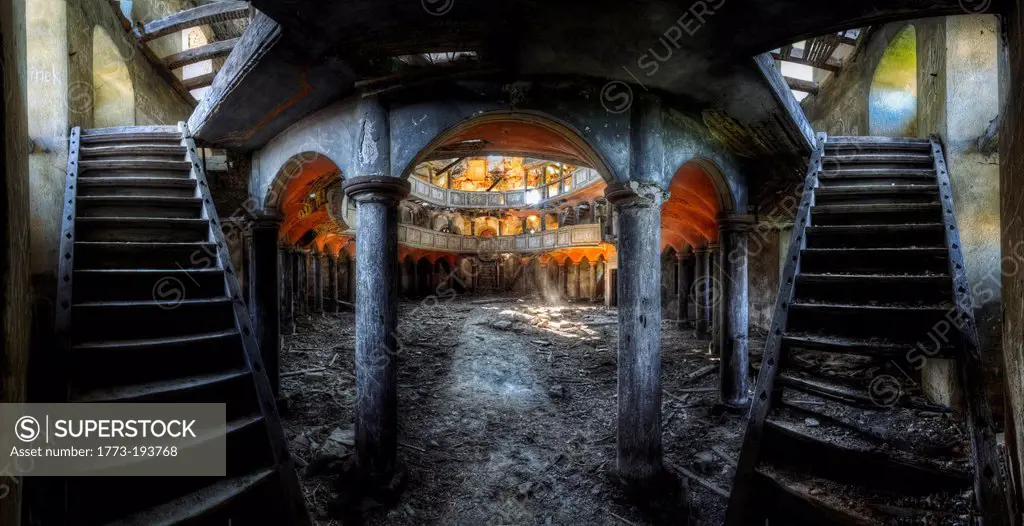 Stairways and arches in abandoned building