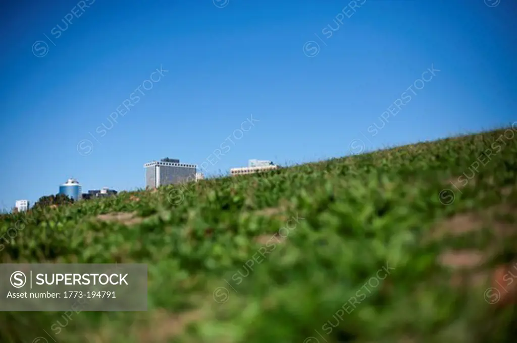 Buildings behind grassy hill