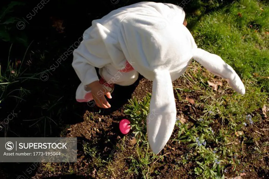 Young boy dressed as Easter bunny, high angle view