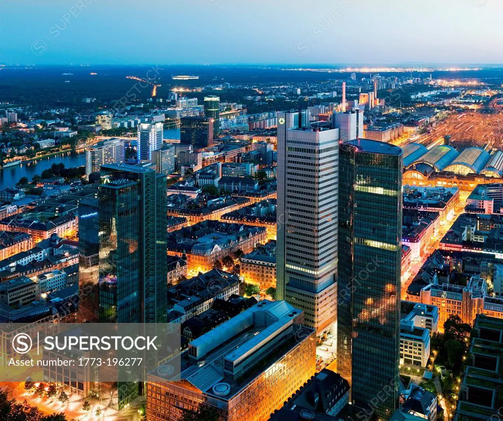 Aerial view of business district at night, Frankfurt, Germany