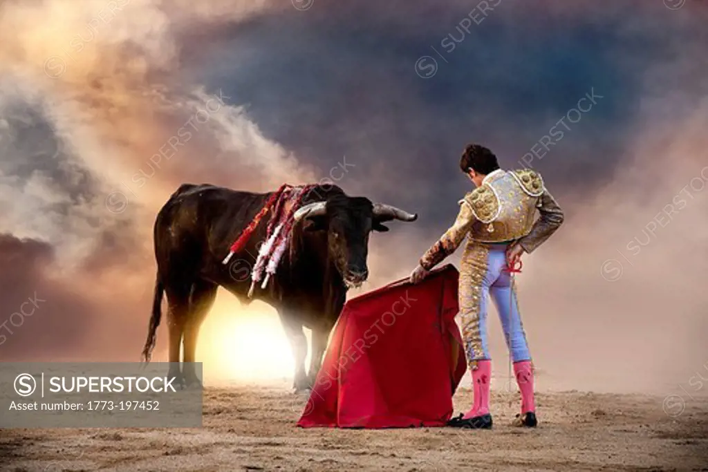 Bullfighter holding red cape with bull, Las Ventas bullring, Madrid -  SuperStock