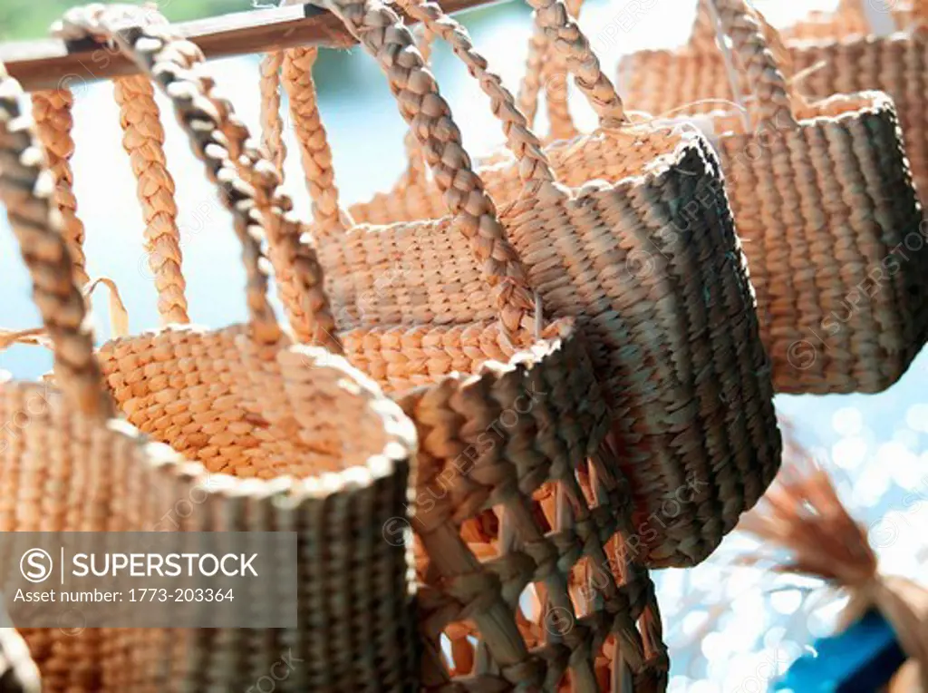 Baskets for sale from a community project by the residents of the floating village Kompong Phluk on the great Tonle Sap lake, Cambodia