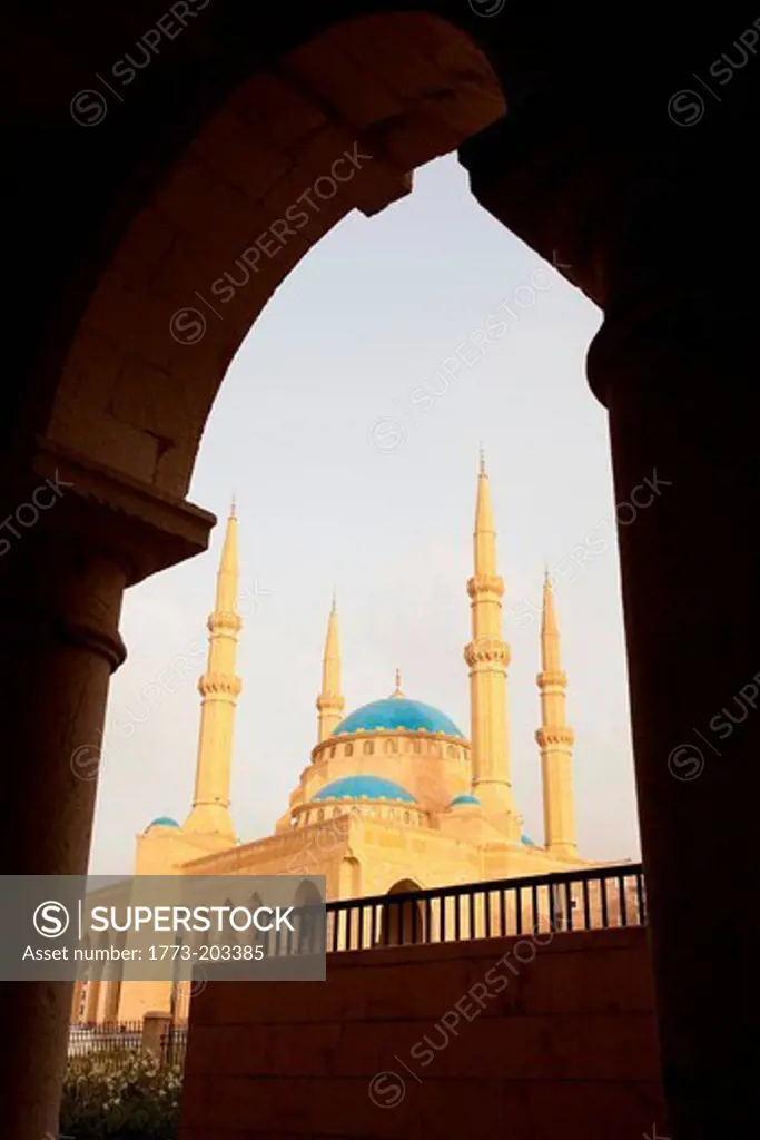 Mohammad Al-Amin Mosque in Martyrs' Square, seen from the arches of Saint George Orthodox Cathedral, Beirut, Lebanon