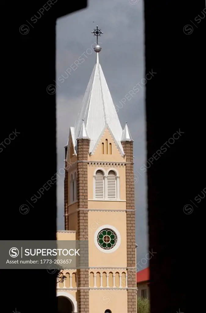 One spire of St. Mary's Cathedral, a Roman Catholic church in Windhoek, the capital and largest city of Namibia