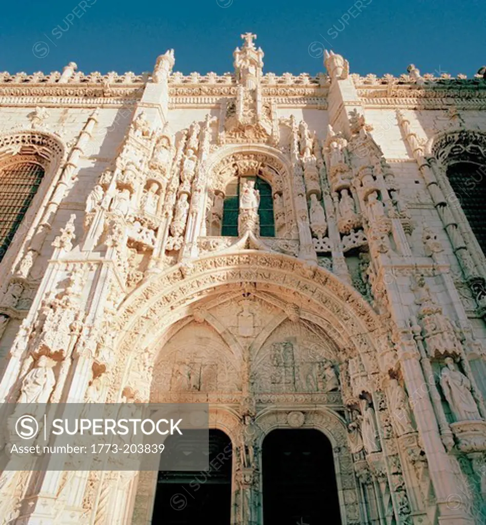 A facade at the Monastery of the Hieronymites and Tower of Belem, a UNESCO World Heritage Site at Lisbon, Portugal