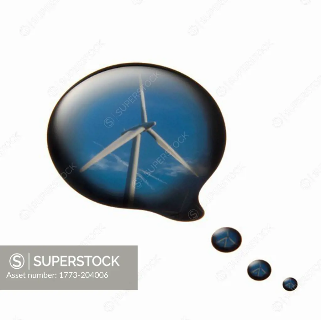 Wind turbine reflected in oil thought bubble