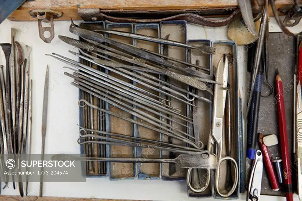 Hand tools in pottery factory, close up