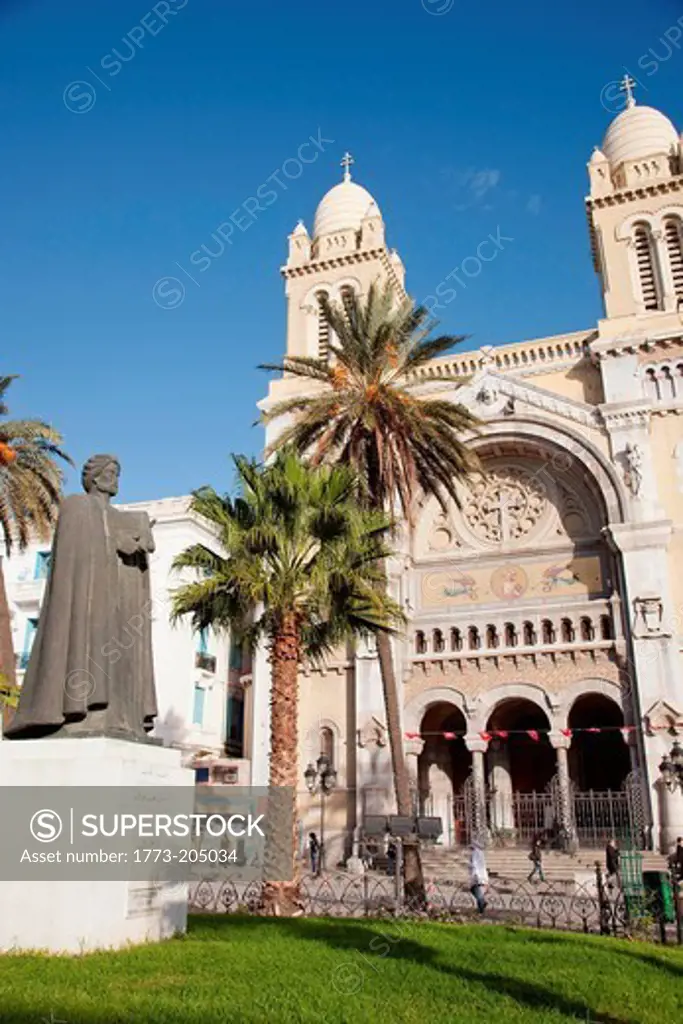 Statue of Ibn Khaldoun in Independence Square, outside Cathedral of St. Vincent de Paul, Tunis, Tunisia