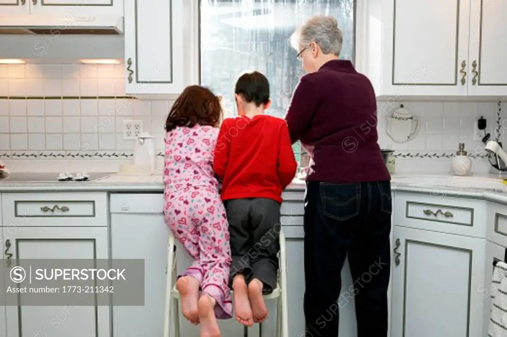 Grandmother with boy and girl in kitchen, rear view