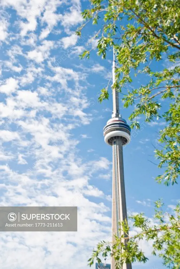 Low angle view of CN Tower in Toronto, Ontario, Canada