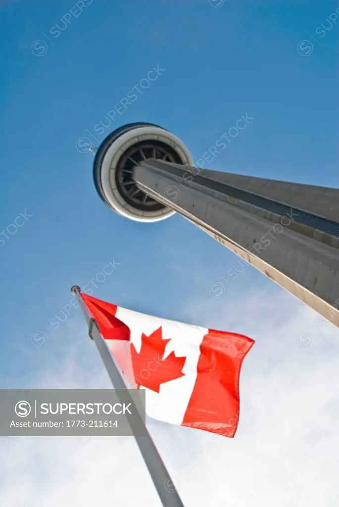 Low angle view of CN Tower in Toronto, Ontario, Canada