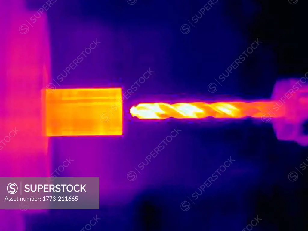 Thermal image of drilling into a component, with heating of the drill tip and component