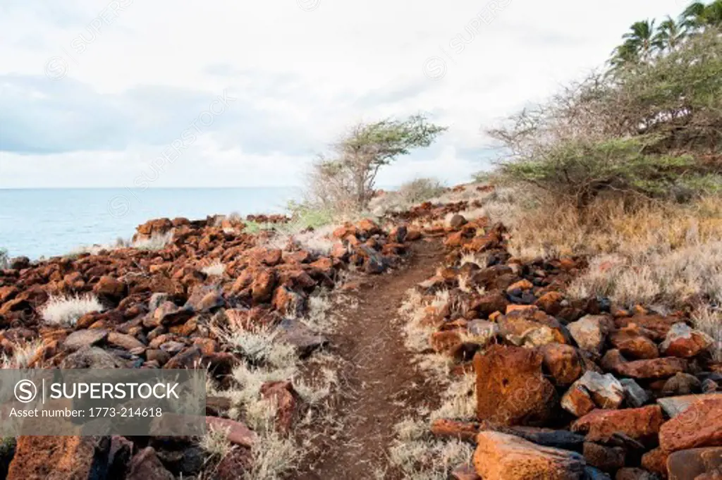 Dirt path surrounded by rocks beside sea, Lanai City, Hawaii, USA