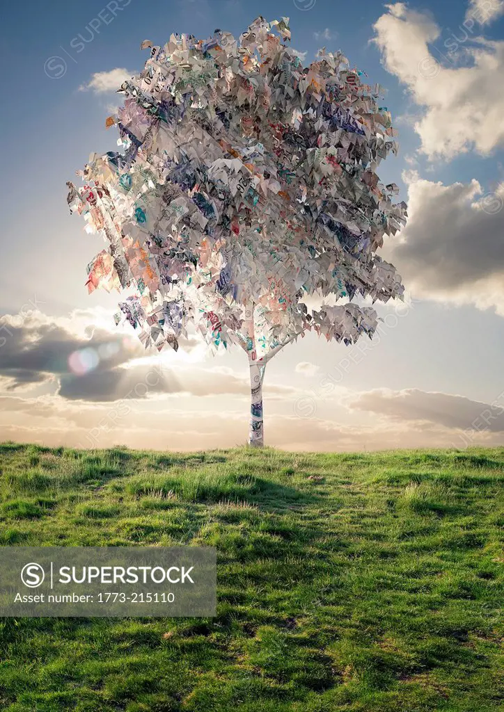 Model of tree with British bank notes foliage