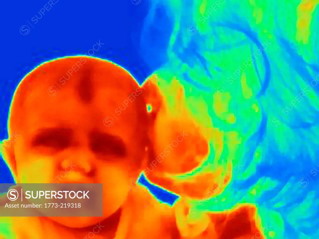 Thermal image of three month old baby and mother