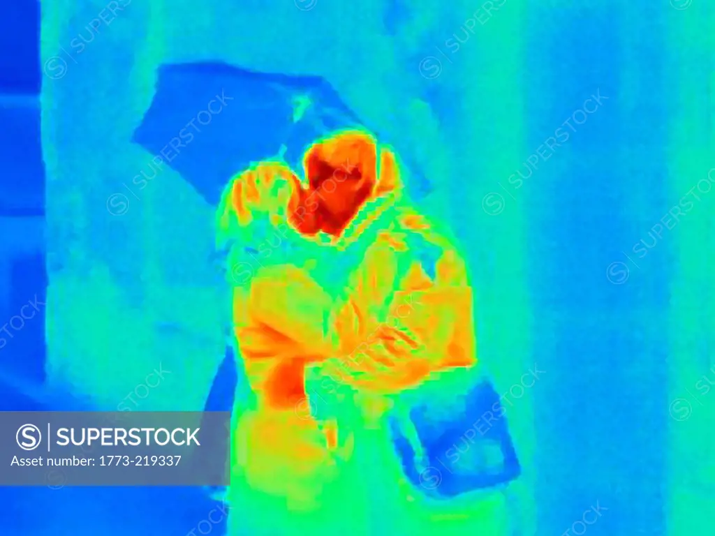 Thermal photograph of couple kissing in the rain