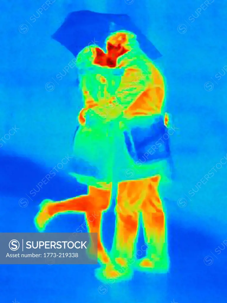 Thermal photograph of couple kissing in the rain