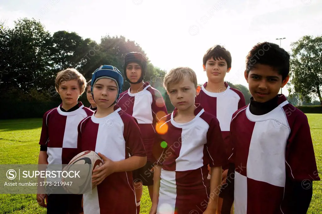 Group portrait of schoolboy rugby team