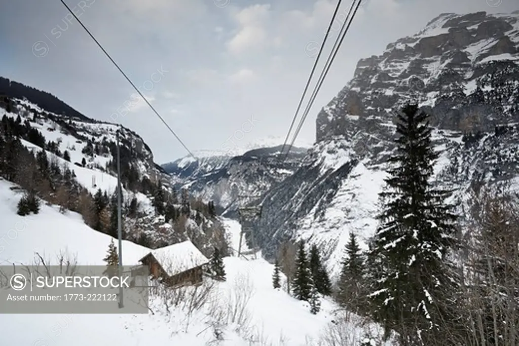 Wooden chalet,and cable wires, Schilthorn, Murren, Bernese Oberland, Switzerland