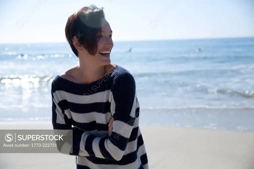 Mature woman wearing striped top, Newport Beach, California, USA