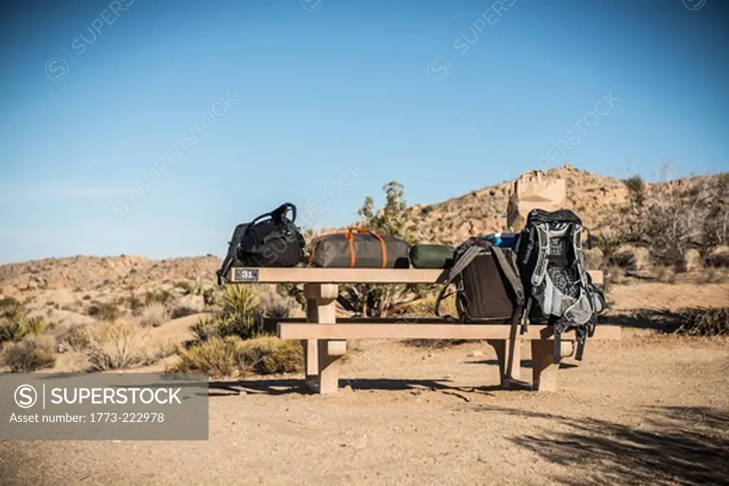 Rucksacks and baggage on park bench, Joshua Tree National Park, California, USA