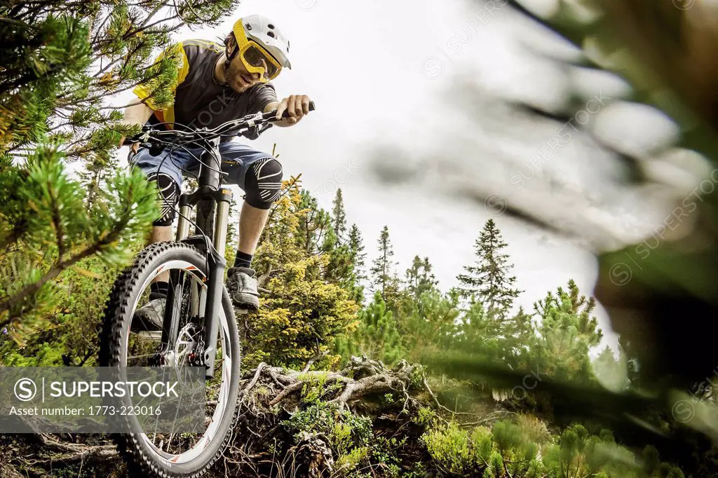 Mountain biker cycling on dirt track in mountains