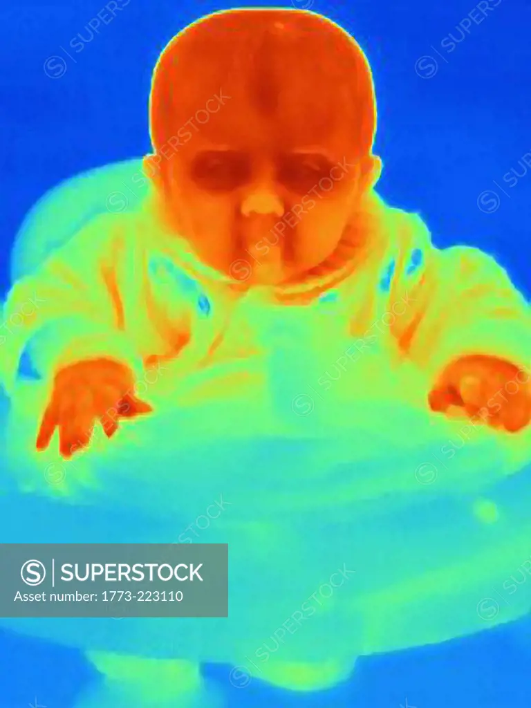 Thermal image of six month baby boy in baby walker