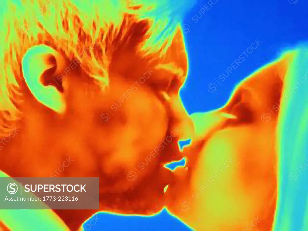 Close up thermal image of young couple kissing