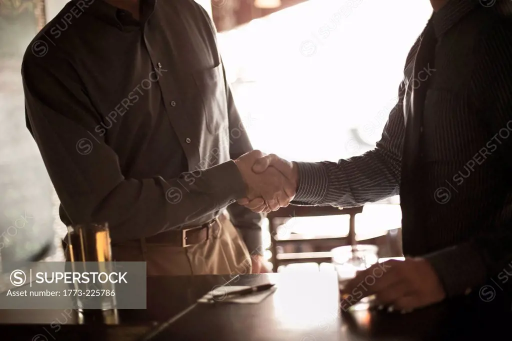 Two businessmen shaking hands in wine bar