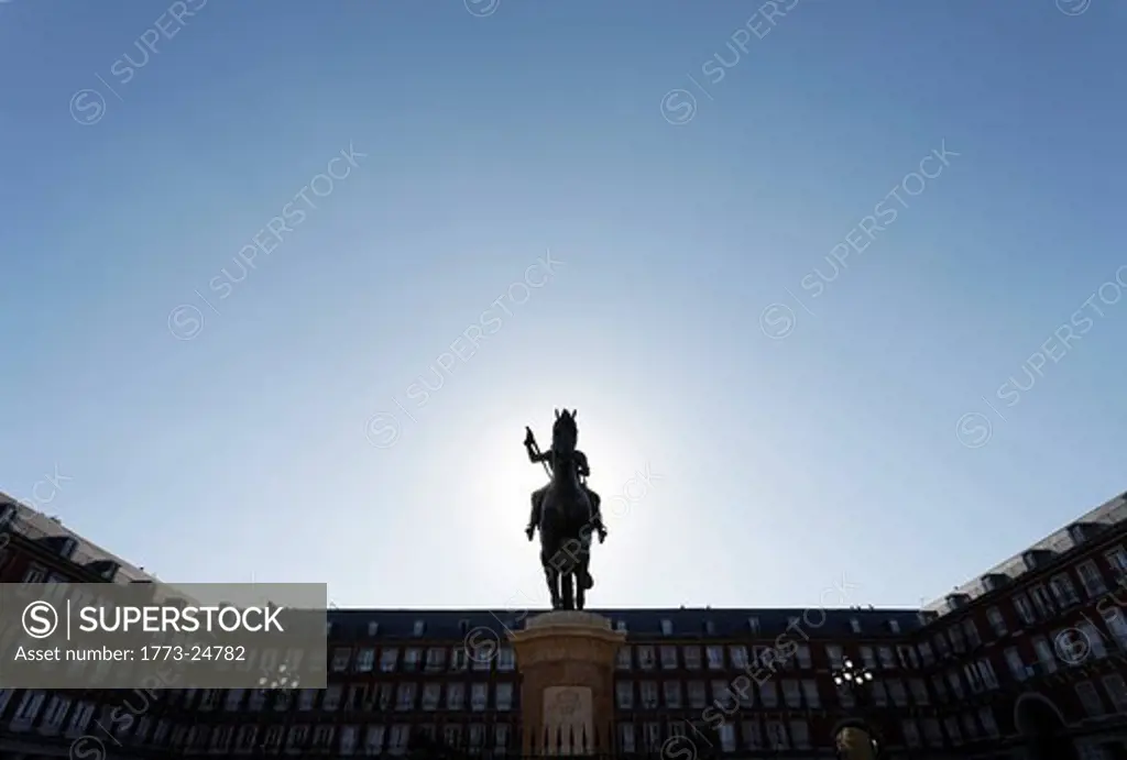 Plaza Mayor is the central plaza or square in Madrid, built during the Habsburg period, with a statue of Philip III in the centre.