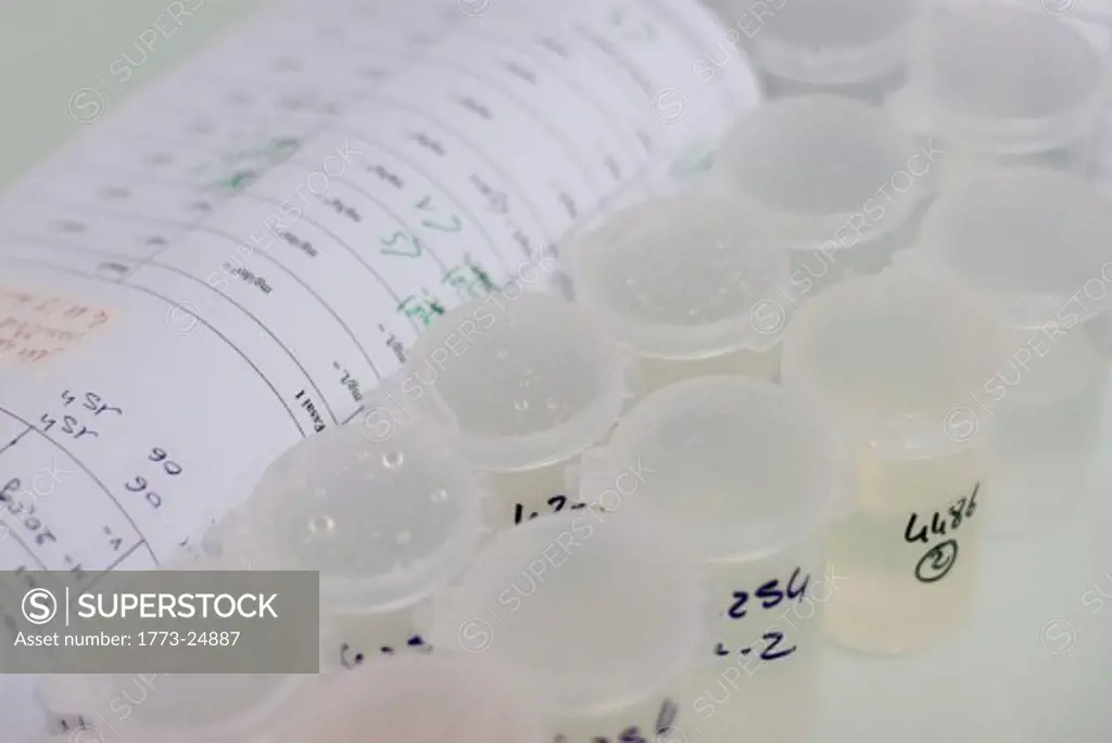 sample containers and analysis report in laboratory
