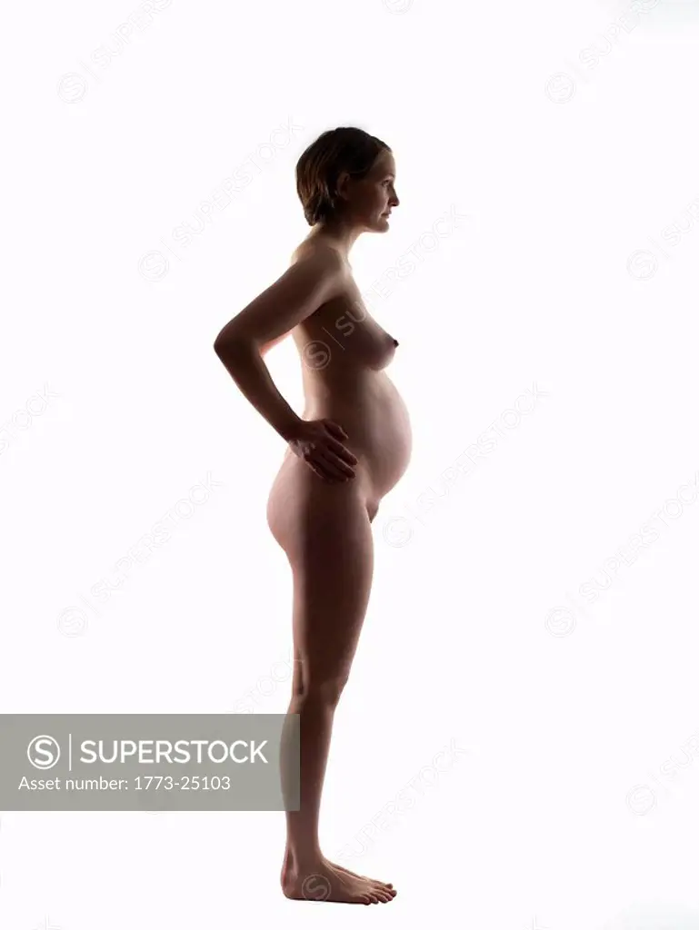 Silhouette of nude pregnant woman in profile.