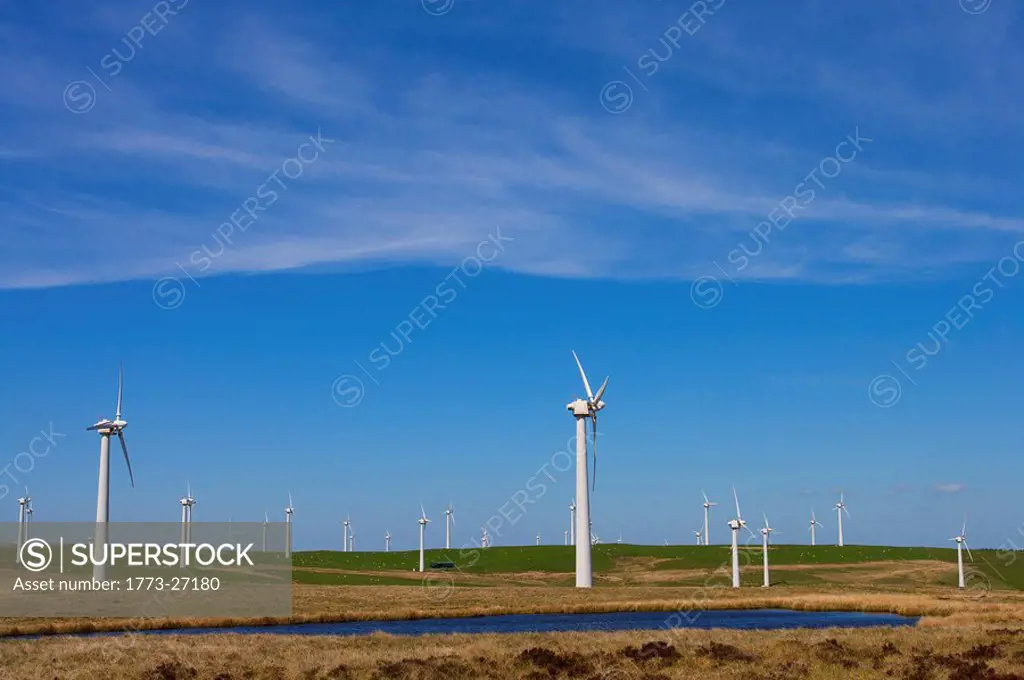 View of wind farm turbines.