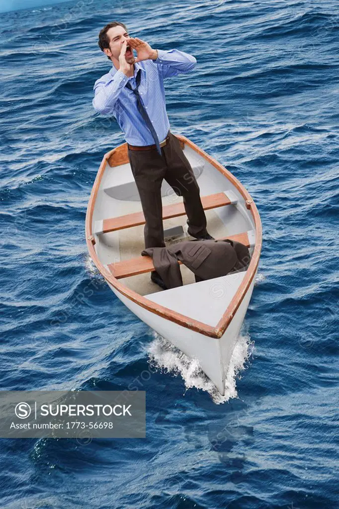 Man in a little boat crying for help