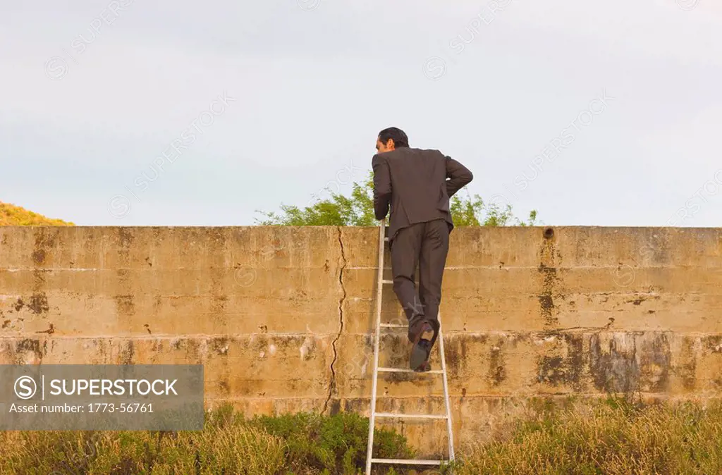 Businessman climbing over the wall