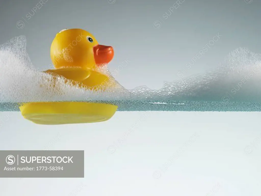 Rubber duck floating in soapy water
