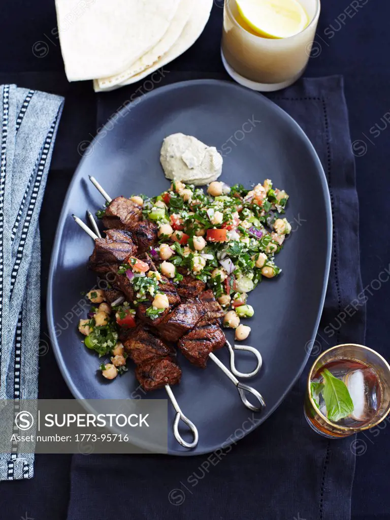 Harissa Beef Skewers _ Iced Teas, Mint, Tabouleh, Spanish Onion, Parsely, Chickpeas, Spring Onion, Tomato, Lemon
