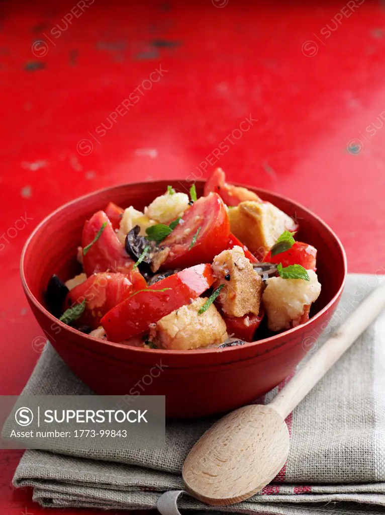 Panzanella Style Salad in a bowl, Tomato, Kalamata Olives, Mint, Torn Crusty Bread