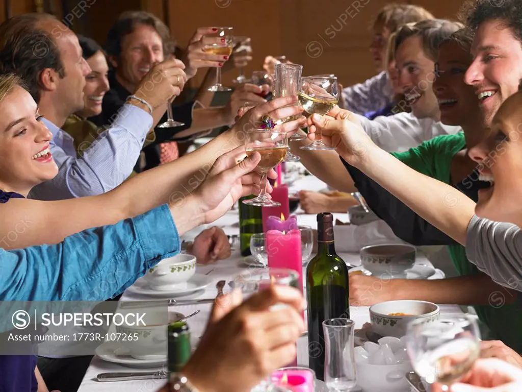 People toasting their glasses at dinner