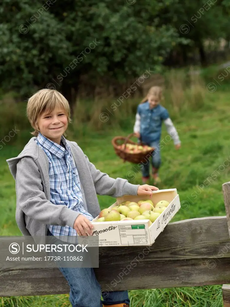 Boy and girl carrying apples