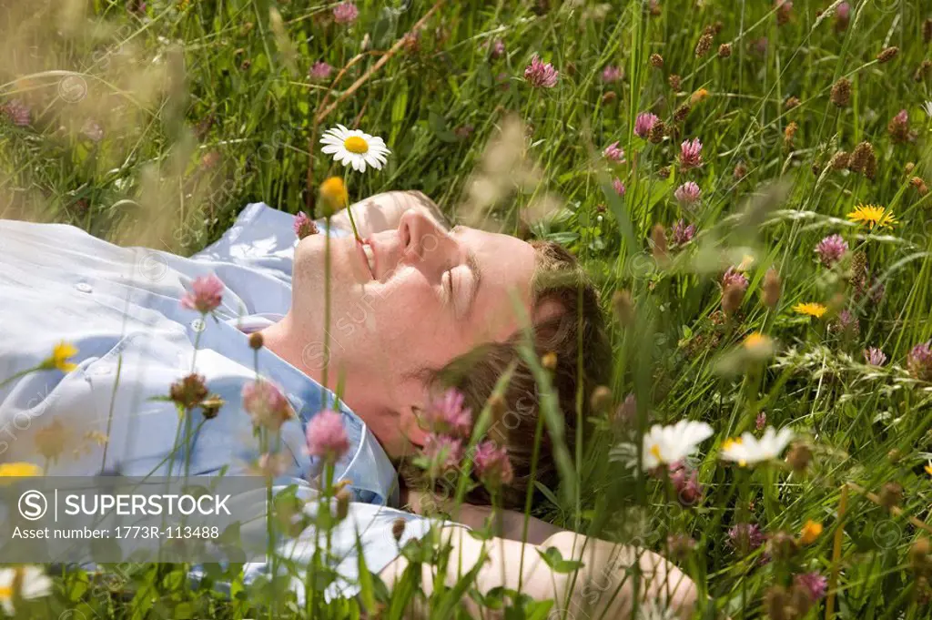 man lying in grass with spring flowers