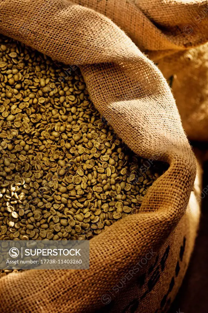 Close up of coffee beans in sack