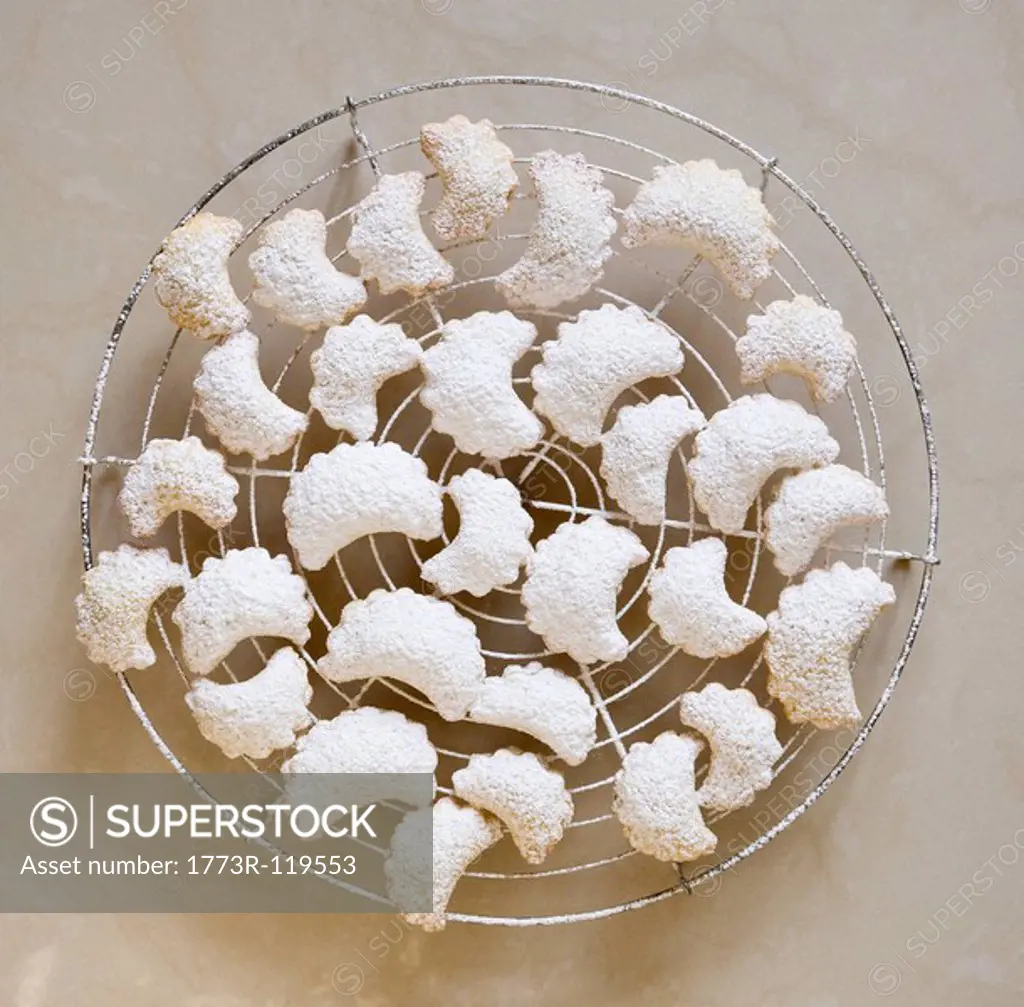 crescent shaped, white christmas cookies