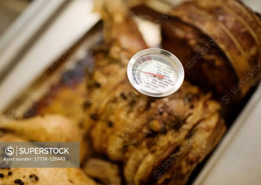 A thermometer testing some meat