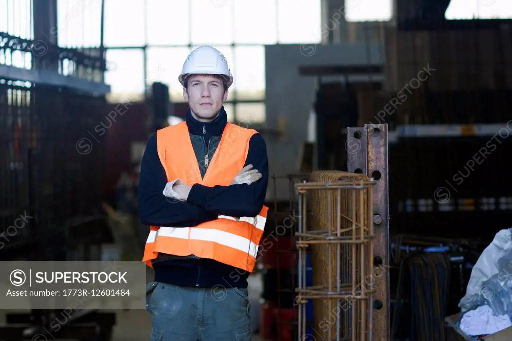 Portrait of factory worker in concrete reinforcement factory