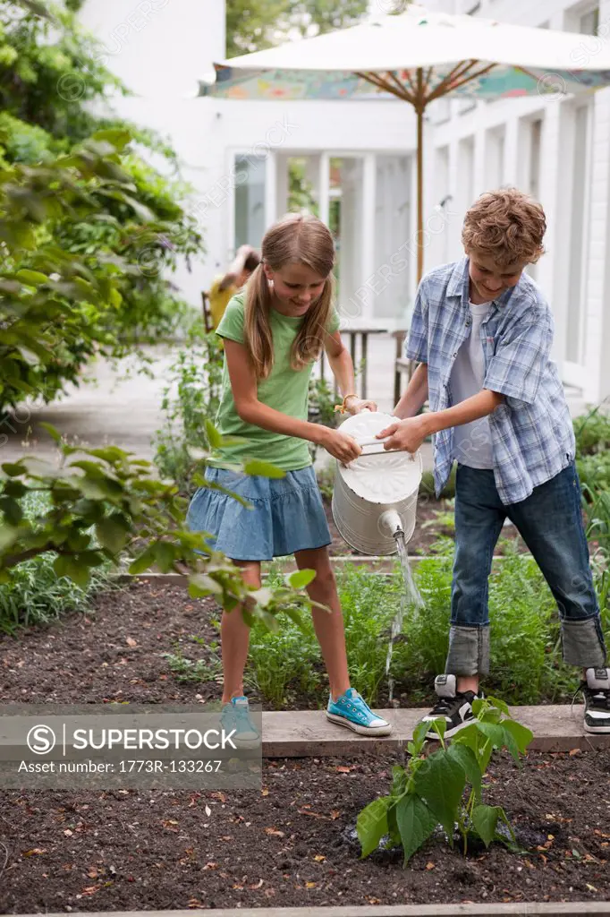 Boy and girl watering plants